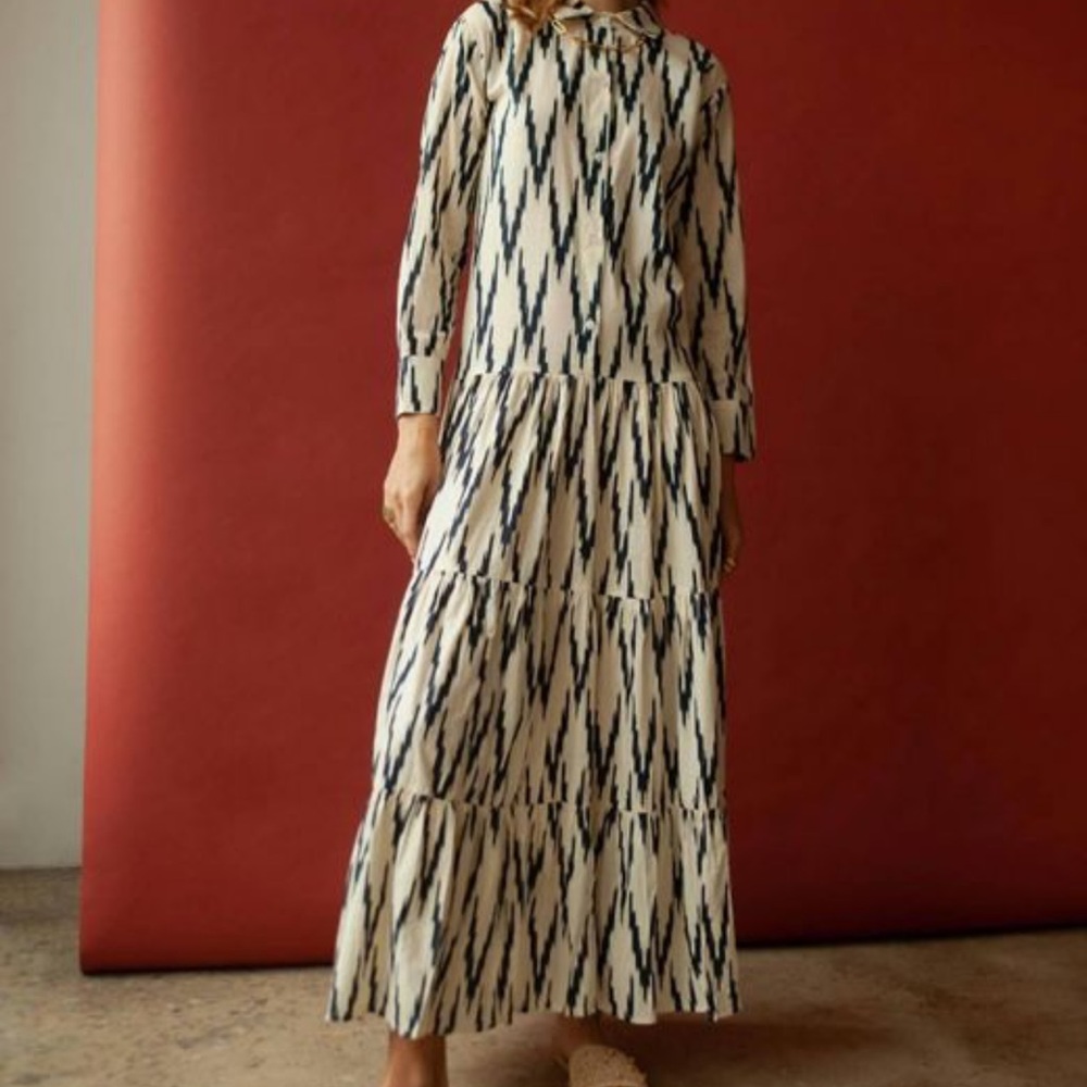 Guadeloupe NWT Luciana ikat blue sz XS long sleeve maxi dress‎ w cummerbund belt